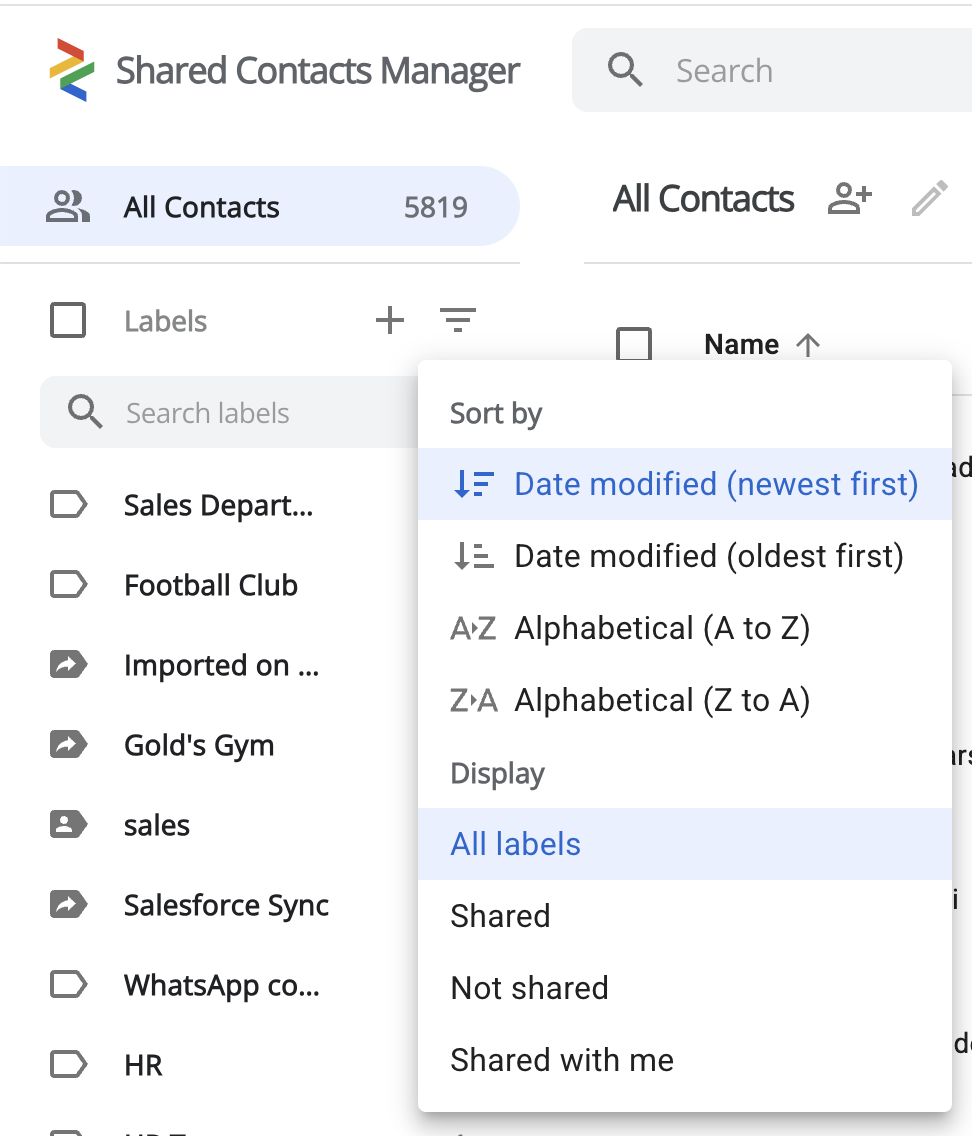 Shared Contacts Manager 中的触点标签过滤选项
